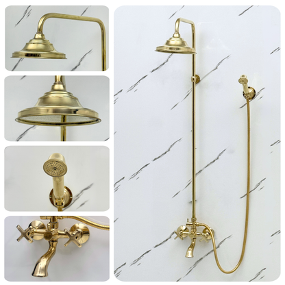 Unlacquered Brass Exposed Shower System with Rainfall Head, Handheld Shower & Tub Filler