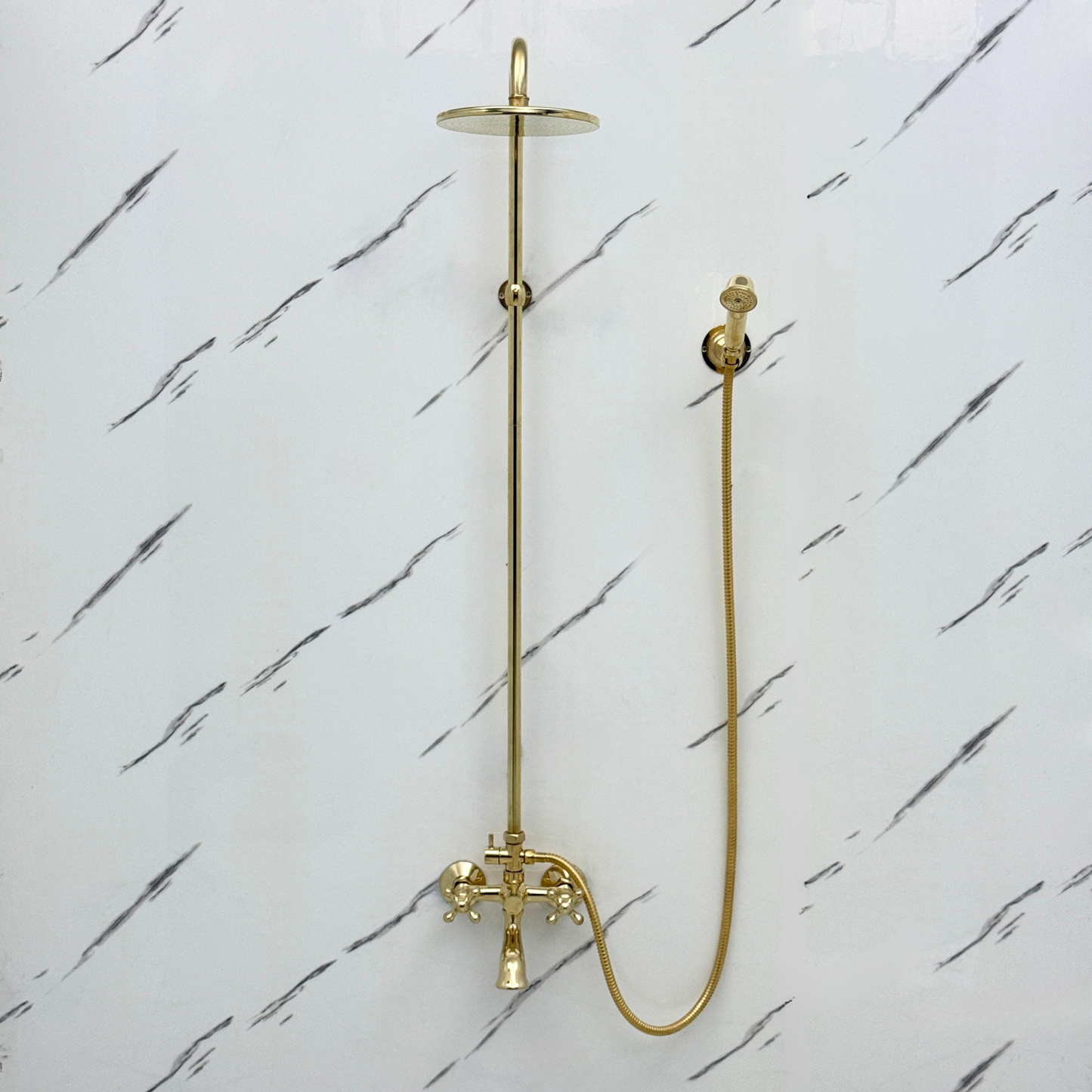 Unlacquered Brass Exposed Shower System with Rainfall Head, Handheld Shower & Tub Filler