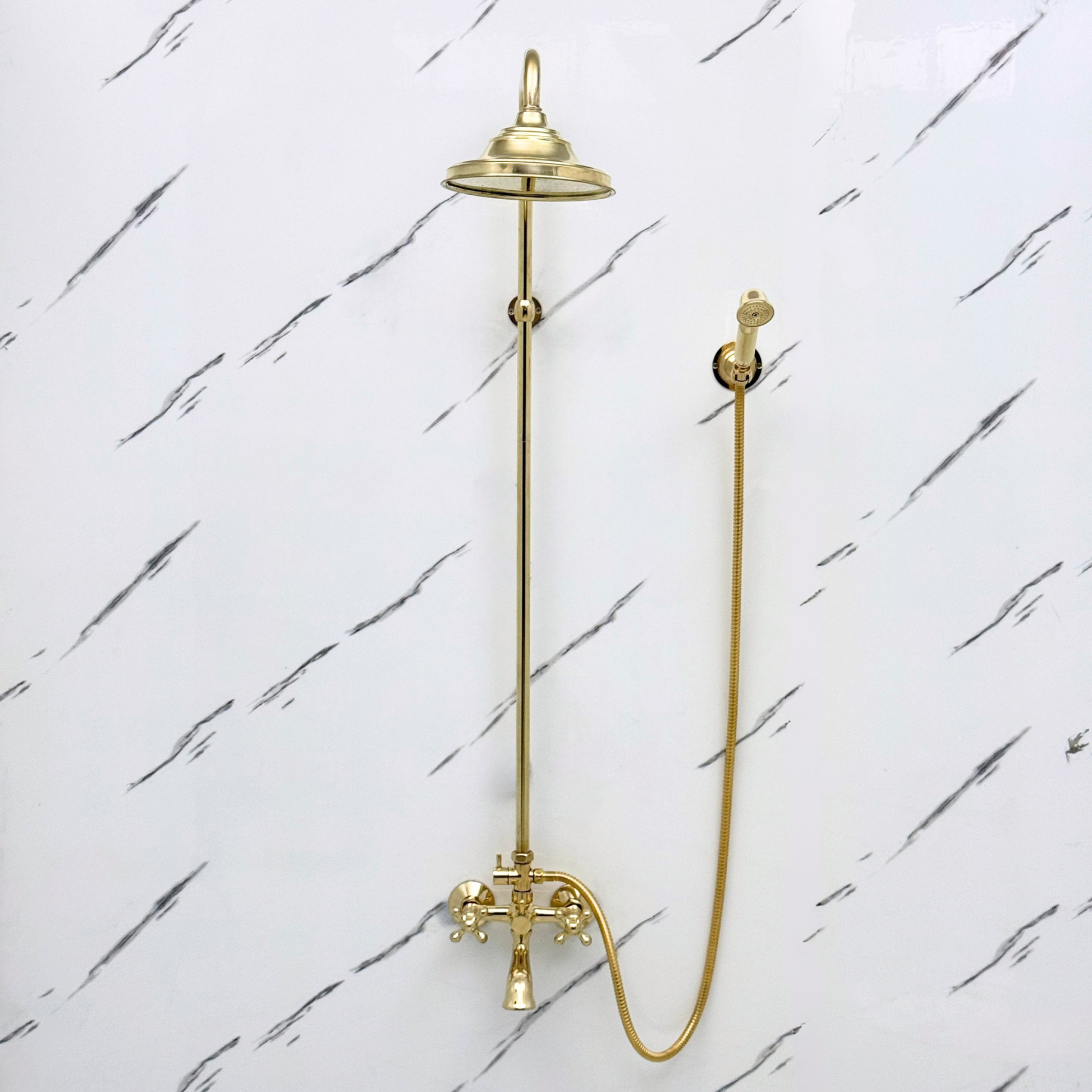 Unlacquered Brass Exposed Shower System with Rainfall Head, Handheld Shower & Tub Filler