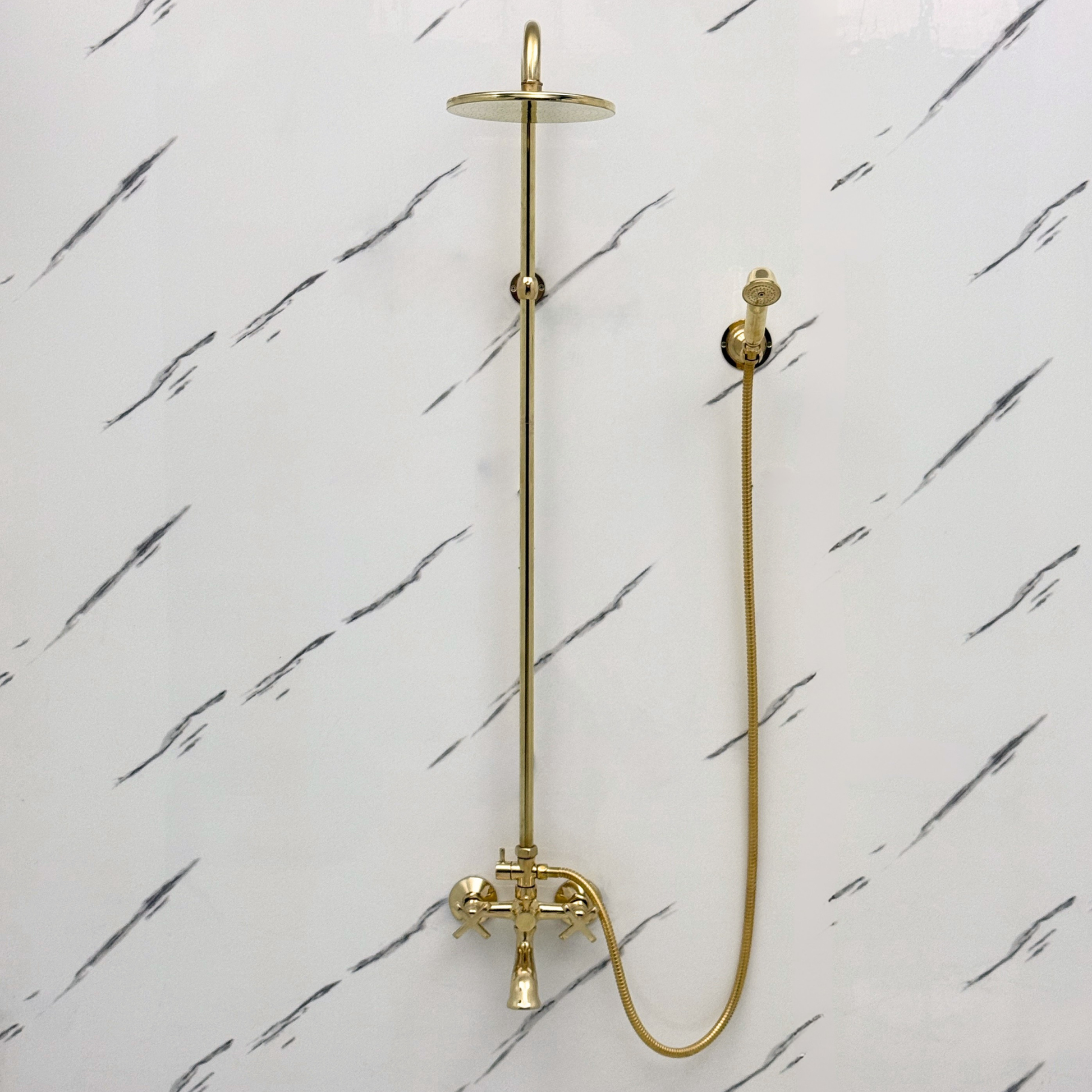 Unlacquered Brass Exposed Shower System with Rainfall Head, Handheld Shower & Tub Filler