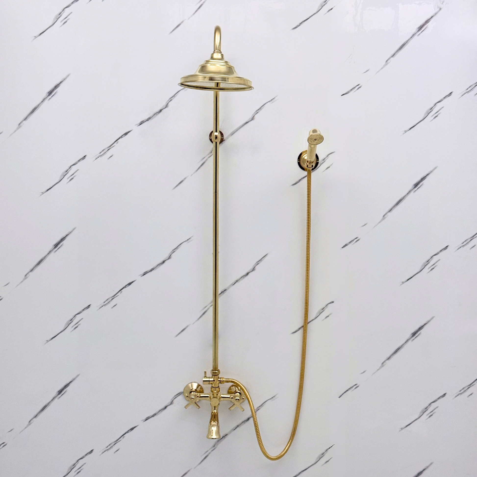 Unlacquered Brass Exposed Shower System with Rainfall Head, Handheld Shower & Tub Filler