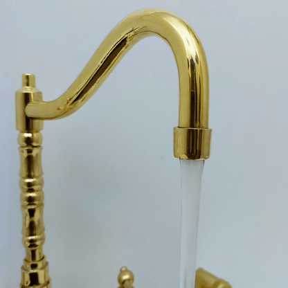 Unlacquered Brass Bridge Faucet with Sprayer and Cold Water Faucet, Brass Kitchen Faucet With Lever Handles - Ref: FA068-LCL