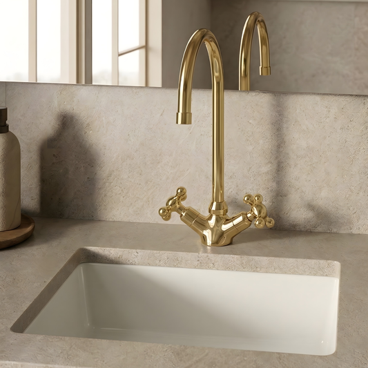 Unlacquered Brass Gooseneck Single Hole Faucet with Cross Handles