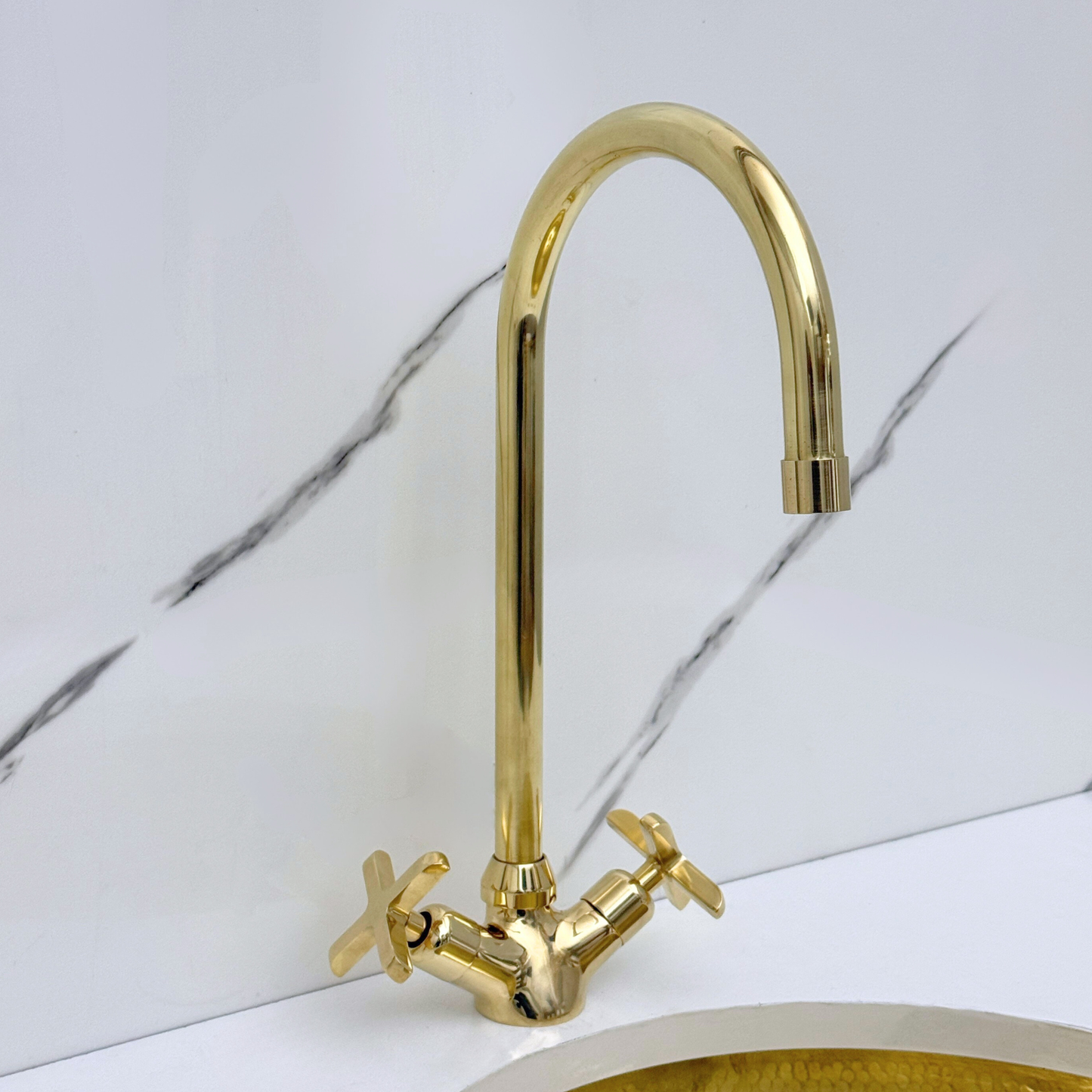 Unlacquered Brass Gooseneck Single Hole Faucet with Cross Handles