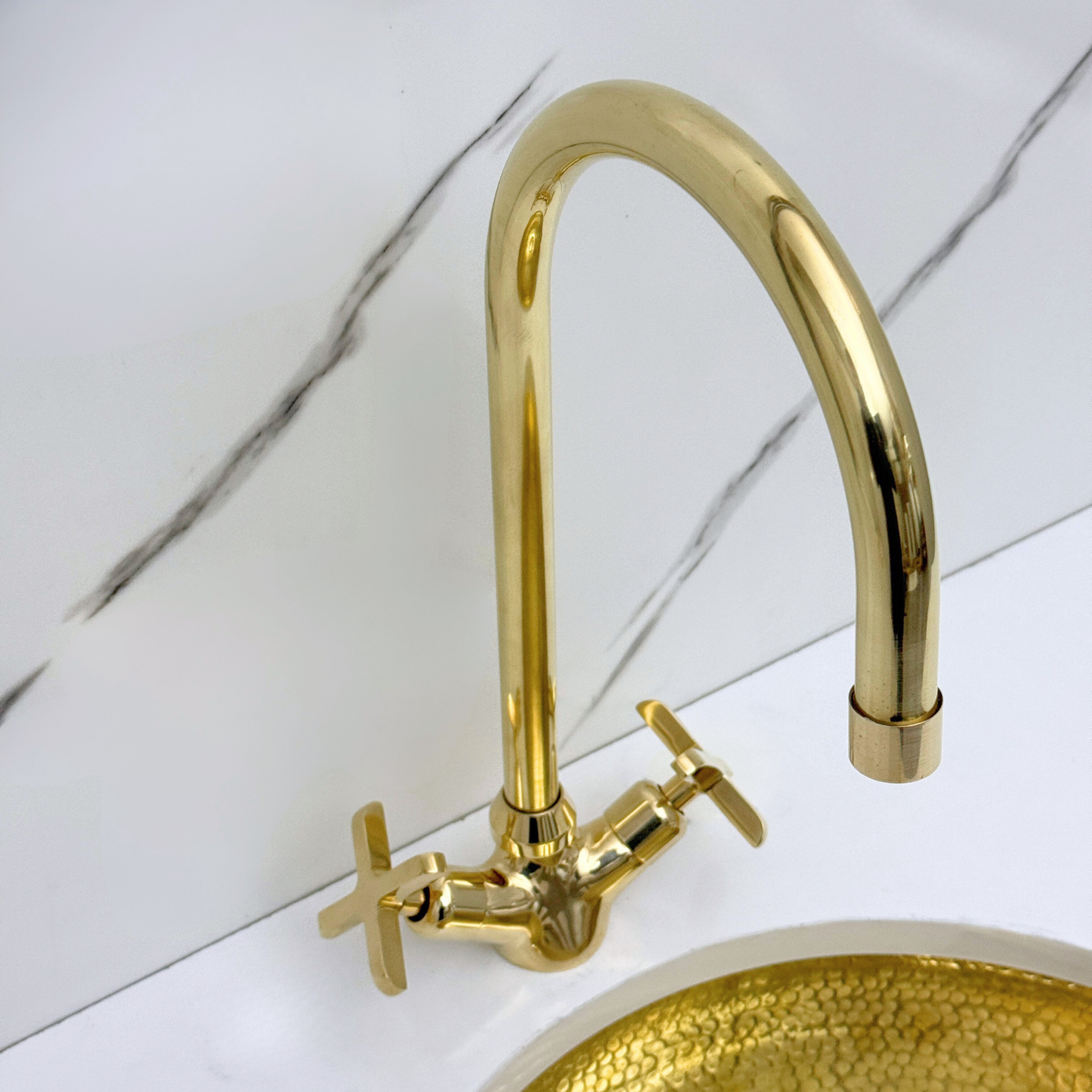Unlacquered Brass Gooseneck Single Hole Faucet with Cross Handles