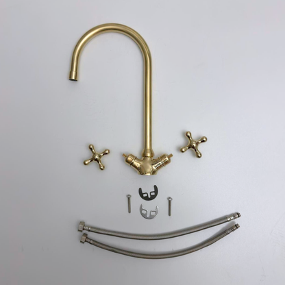 Unlacquered Brass Gooseneck Single Hole Faucet with Cross Handles