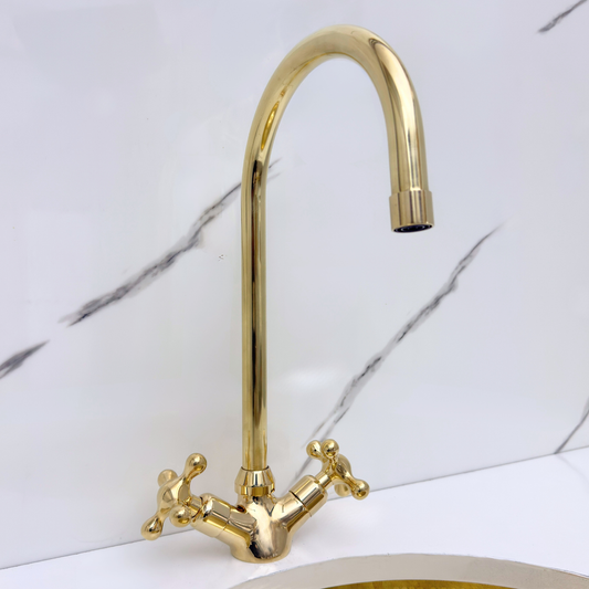 Unlacquered Brass Gooseneck Single Hole Faucet with Cross Handles