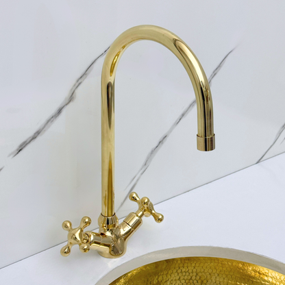 Unlacquered Brass Gooseneck Single Hole Faucet with Cross Handles