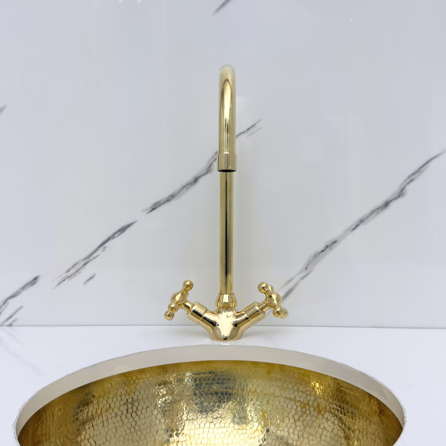 Unlacquered Brass Gooseneck Single Hole Faucet with Cross Handles