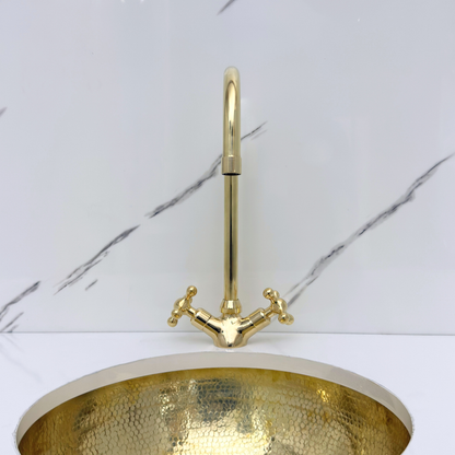 Unlacquered Brass Gooseneck Single Hole Faucet with Cross Handles