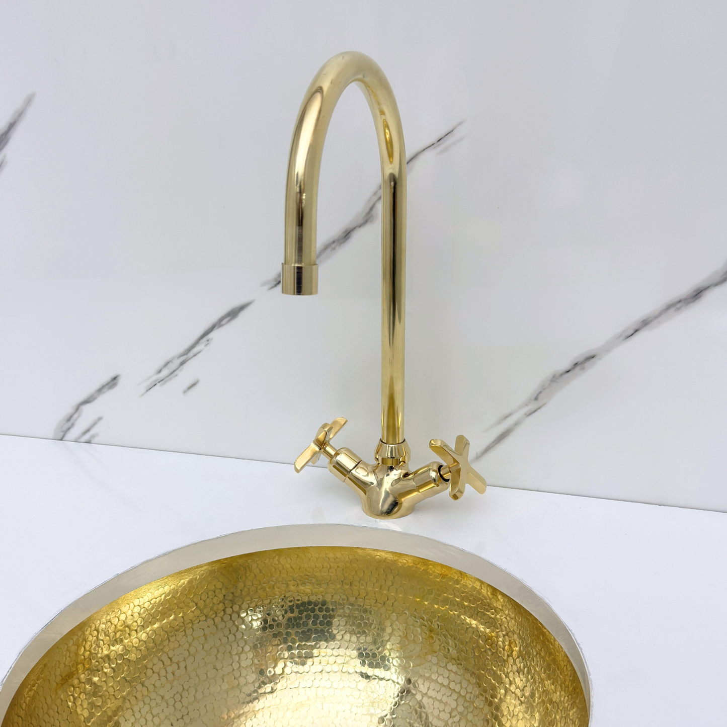 Unlacquered Brass Gooseneck Single Hole Faucet with Cross Handles