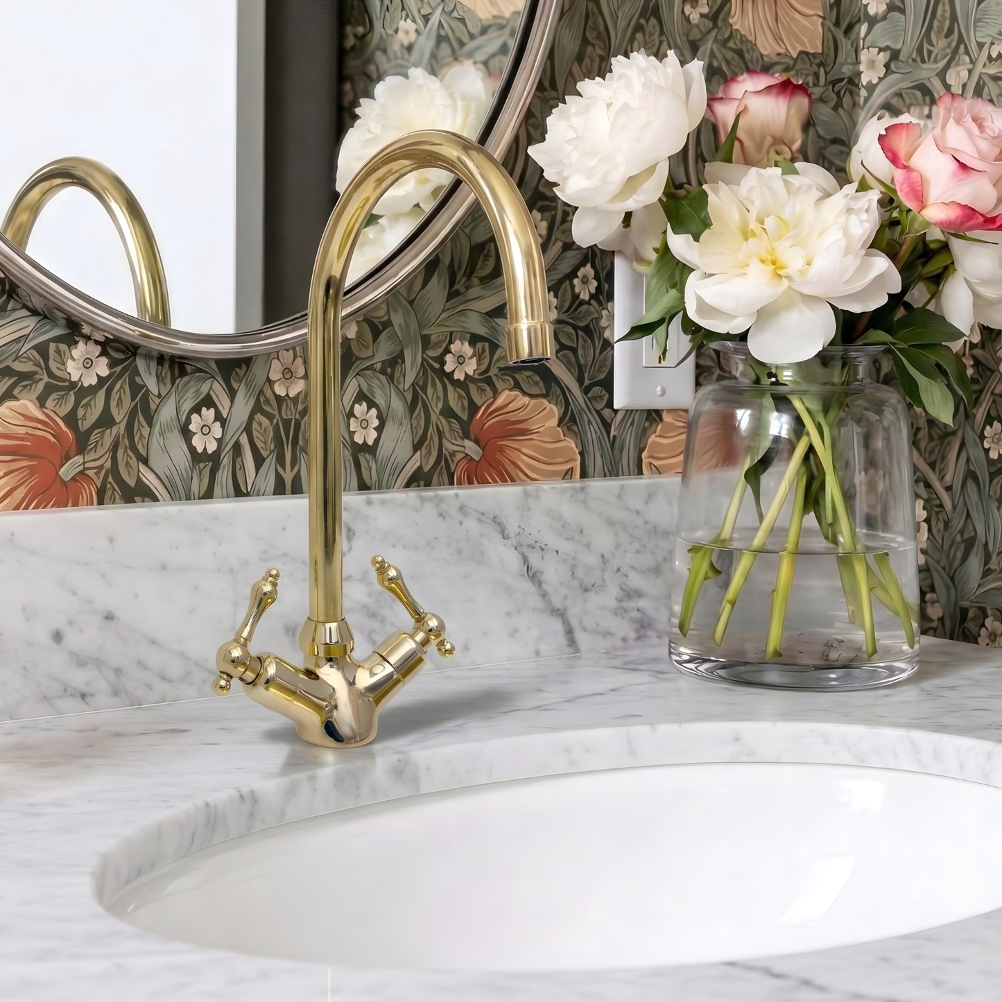 Unlacquered Brass Gooseneck Single Hole Faucet with Lever Handles