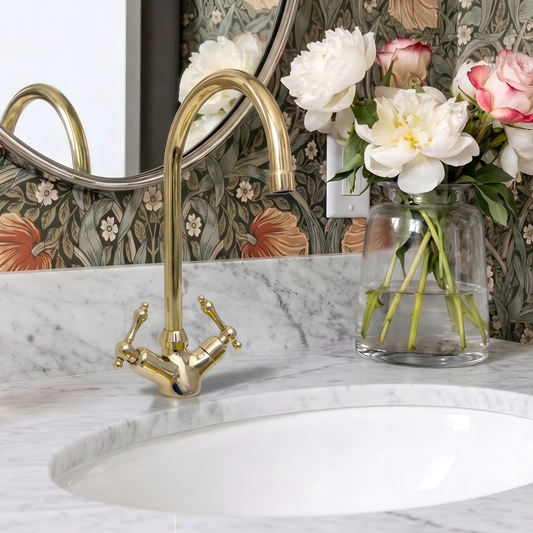 Unlacquered Brass Gooseneck Single Hole Faucet with Lever Handles