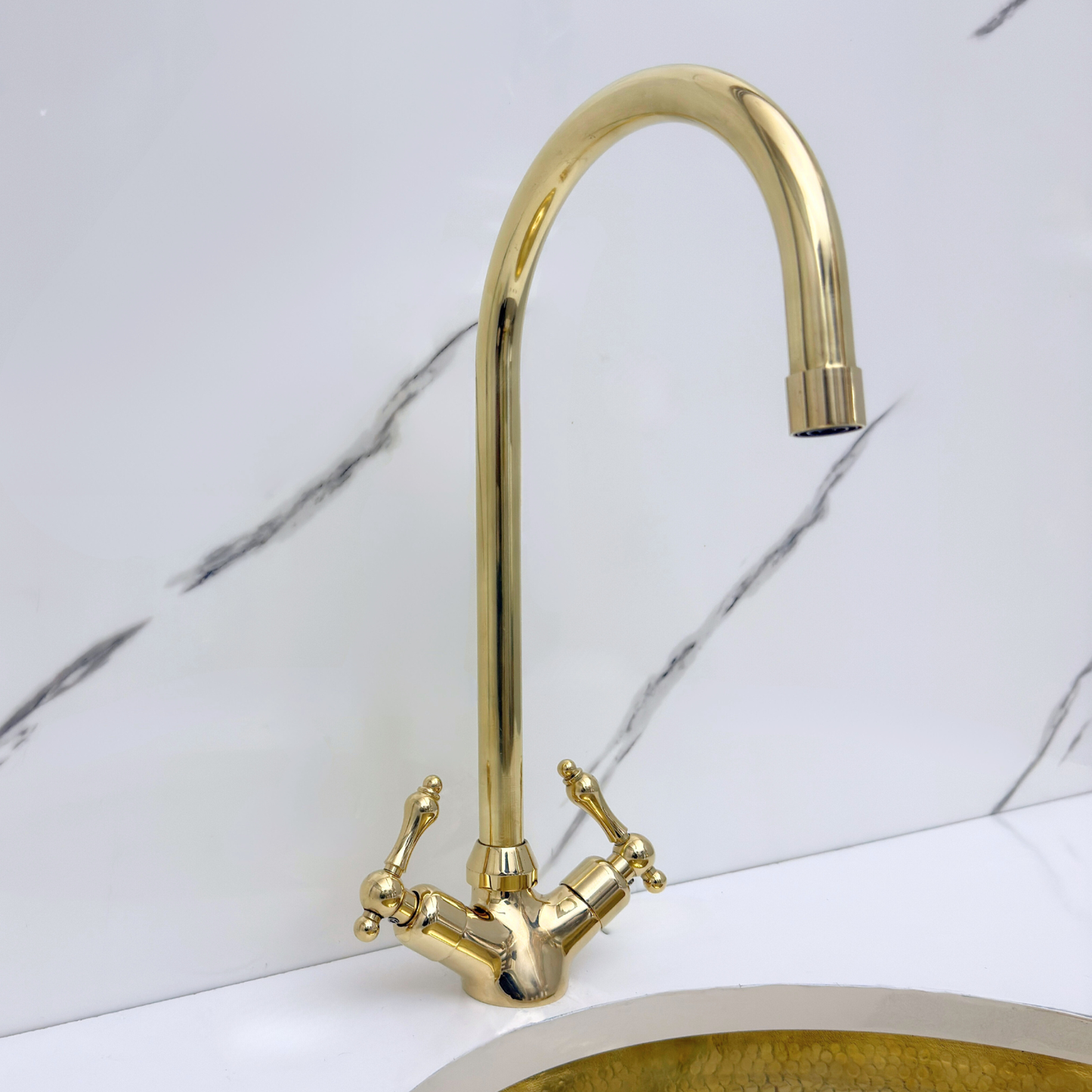 Unlacquered Brass Gooseneck Single Hole Faucet with Lever Handles