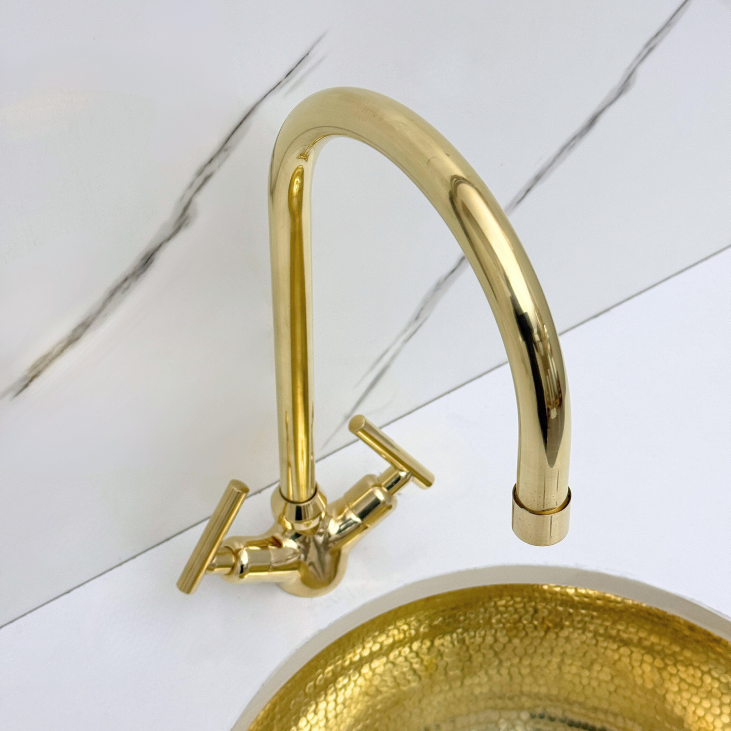 Unlacquered Brass Gooseneck Single Hole Faucet with Lever Handles