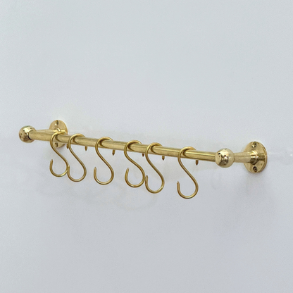 Unlacquered Brass Hanging Pot Rack, Solid Brass Pan Racks, Brass Kitchen Rail With Hooks, Brass Wall Mount Hooks