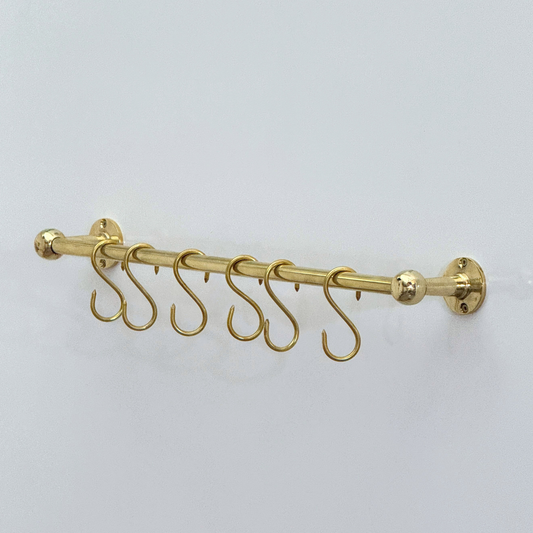 Unlacquered Brass Hanging Pot Rack, Solid Brass Pan Racks, Brass Kitchen Rail With Hooks, Brass Wall Mount Hooks