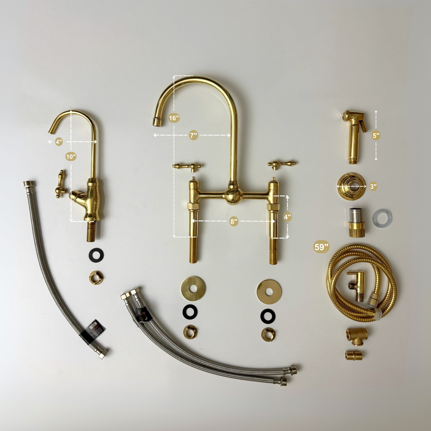 Unlacquered Brass Kitchen Bridge Faucet with Ball Center, Sprayer, Cold Water Faucet, Straight Legs and Lever Handles