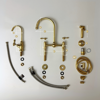 Unlacquered Brass Kitchen Bridge Faucet with Ball Center, Sprayer, Cold Water Faucet, Straight Legs and Lever Handles