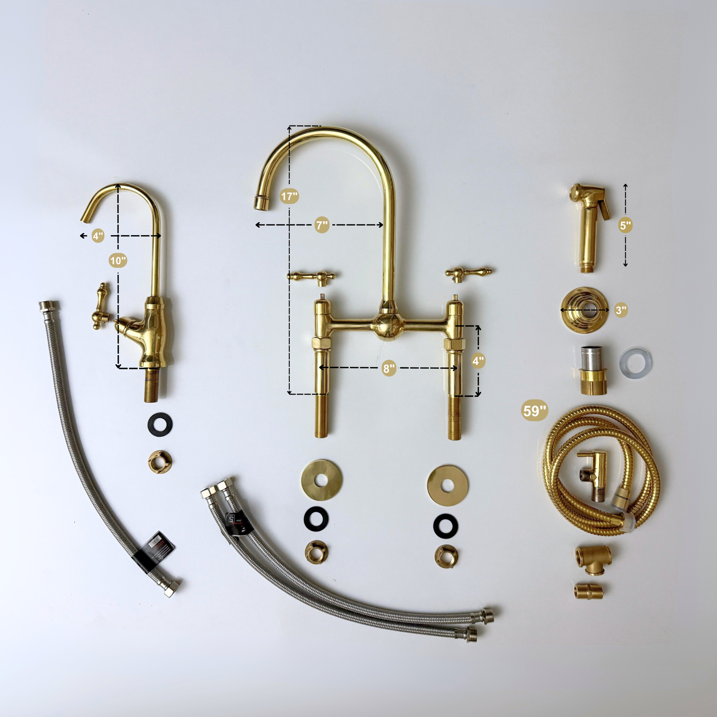 Unlacquered Brass Kitchen Bridge Faucet with Ball Center, Sprayer, Cold Water Faucet, Straight Legs and Lever Handles