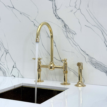 Unlacquered Brass Kitchen Bridge Faucet with Ball Center, Sprayer, Cold Water Faucet, Straight Legs and Lever Handles