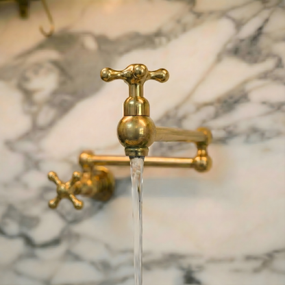 Unlacquered Brass Pot Filler with Cross Handles, Solid Brass Wall Mount Pasta Faucet