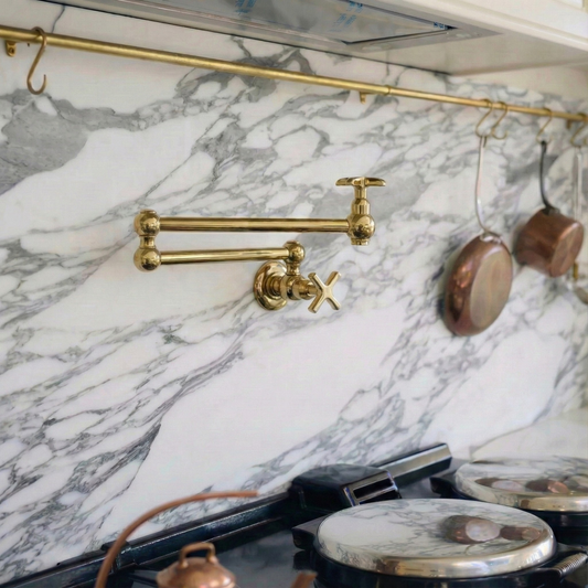 Unlacquered Brass Pot Filler with Cross Handles, Solid Brass Wall Mount Pasta Faucet