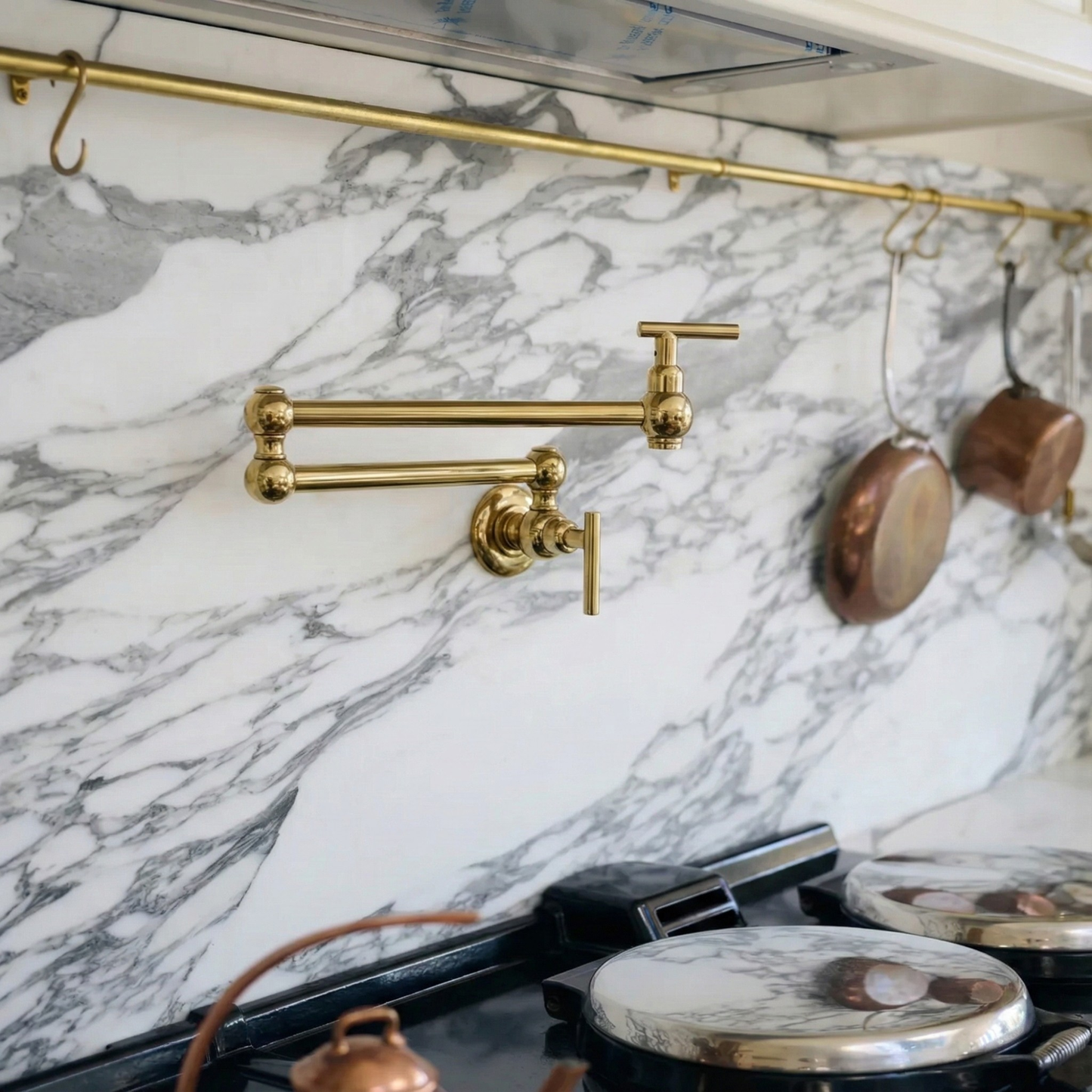 Unlacquered Brass Pot Filler with Lever Handles, Solid Brass Wall Mount Pasta Faucet