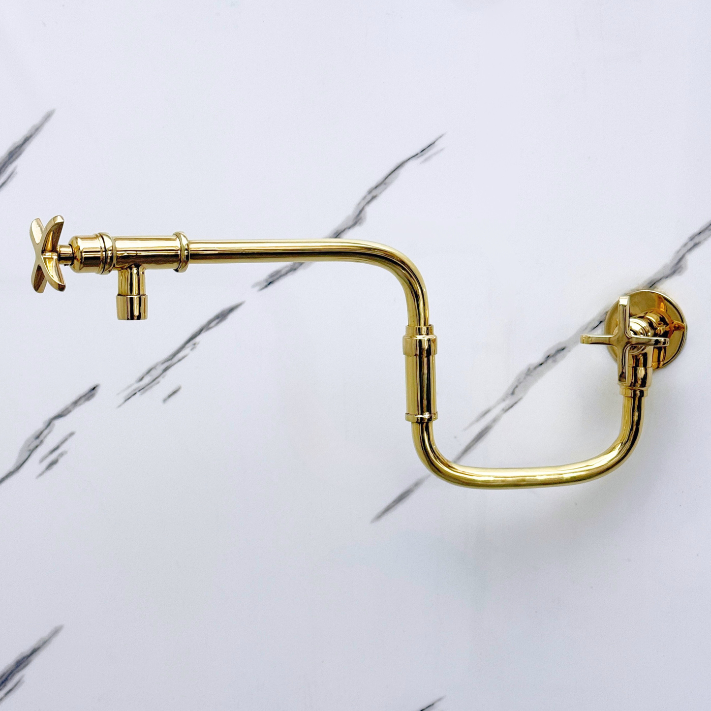 Unlacquered Brass Pot Filler with Cross Handles, Solid Brass Wall Mount Double Joint Swing Arms Pasta Faucet