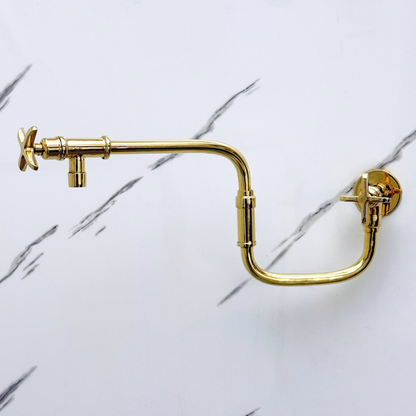 Unlacquered Brass Pot Filler with Cross Handles, Solid Brass Wall Mount Double Joint Swing Arms Pasta Faucet