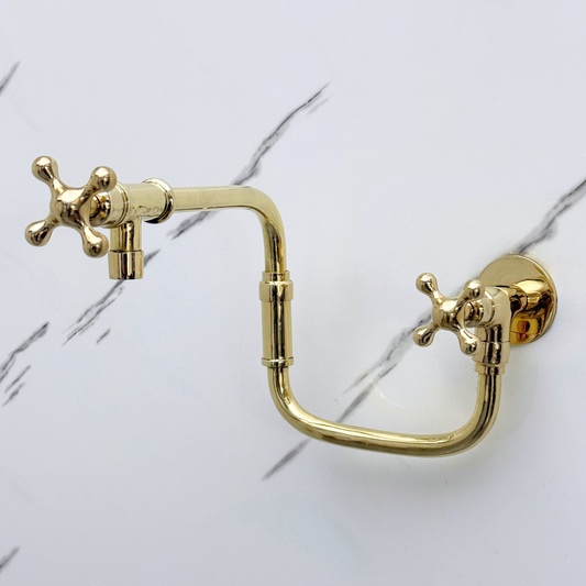 Unlacquered Brass Pot Filler with Cross Handles, Solid Brass Wall Mount Double Joint Swing Arms Pasta Faucet