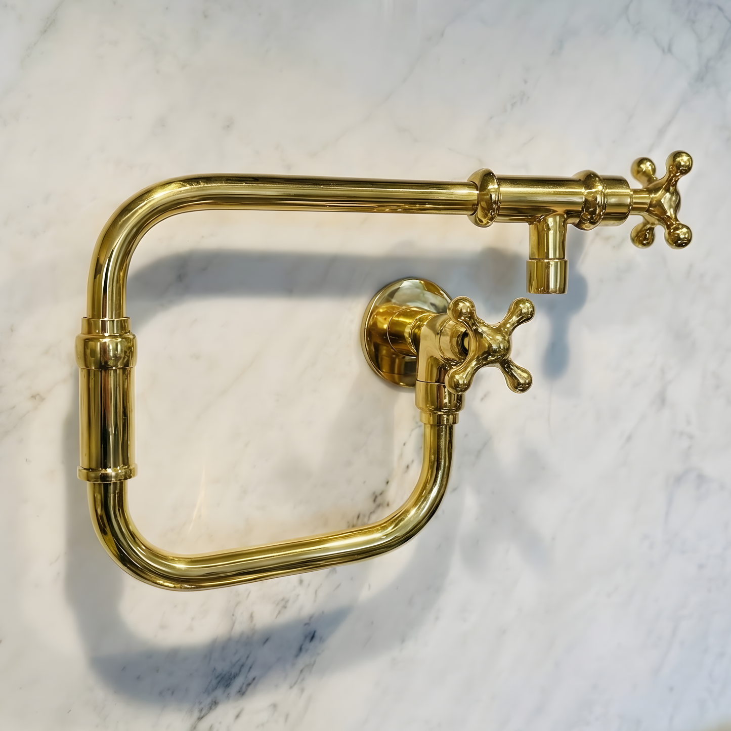 Unlacquered Brass Pot Filler with Cross Handles, Solid Brass Wall Mount Double Joint Swing Arms Pasta Faucet