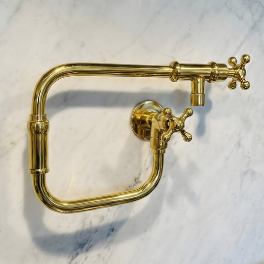 Unlacquered Brass Pot Filler with Cross Handles, Solid Brass Wall Mount Double Joint Swing Arms Pasta Faucet
