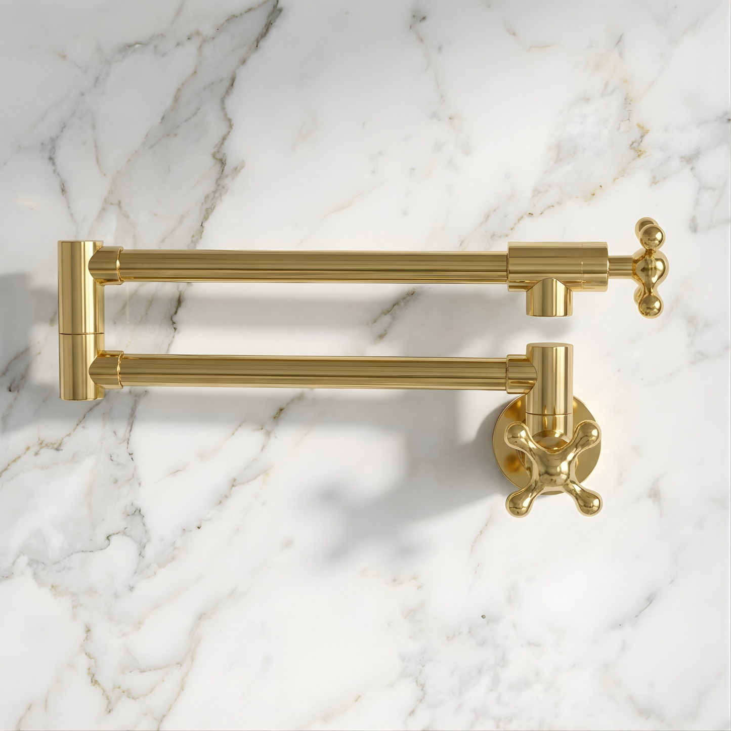 Unlacquered Brass Pot Filler with Cross Handles, Wall Mount Double Joint Swing Arms Brass Pasta Faucet