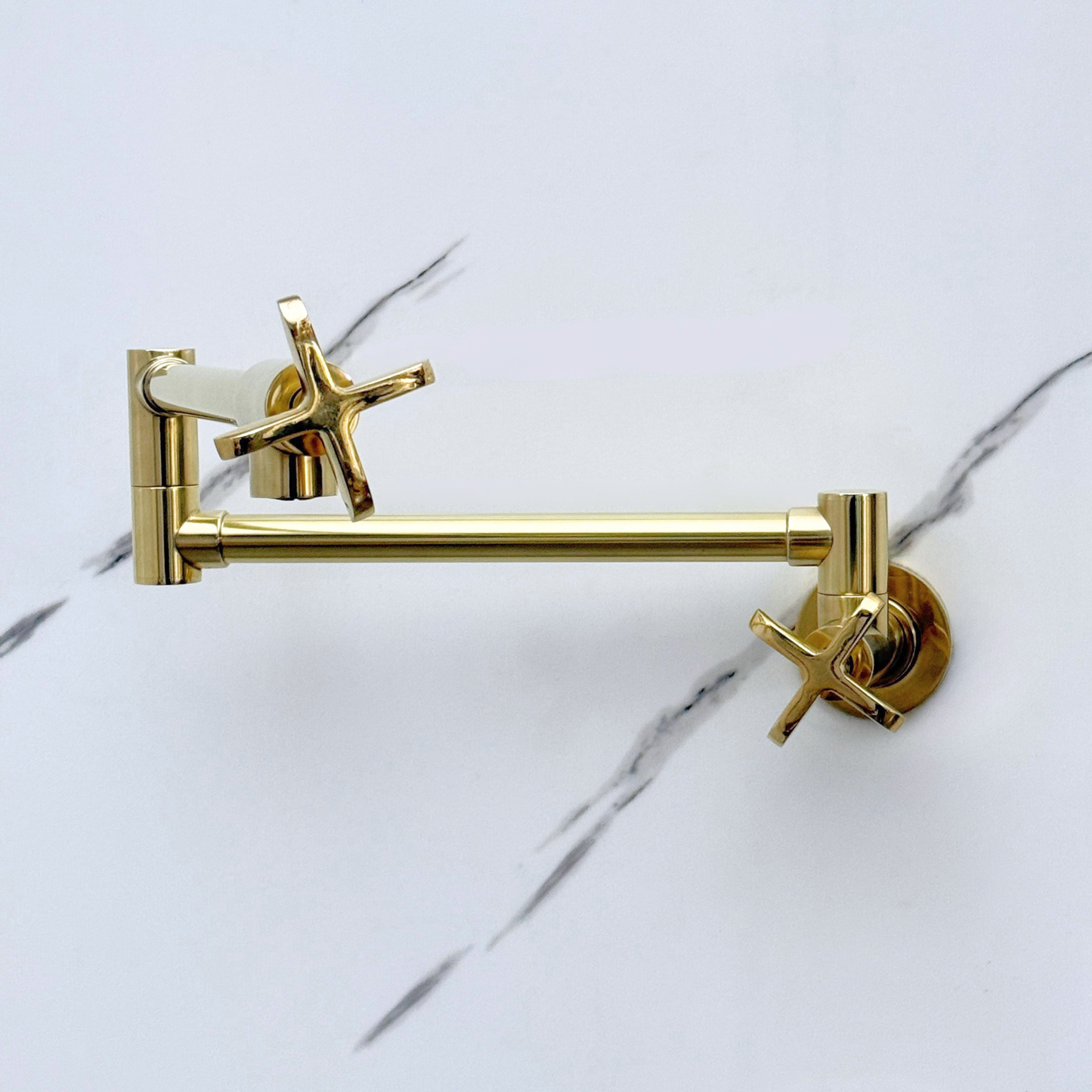 Unlacquered Brass Pot Filler with Cross Handles, Wall Mount Double Joint Swing Arms Brass Pasta Faucet