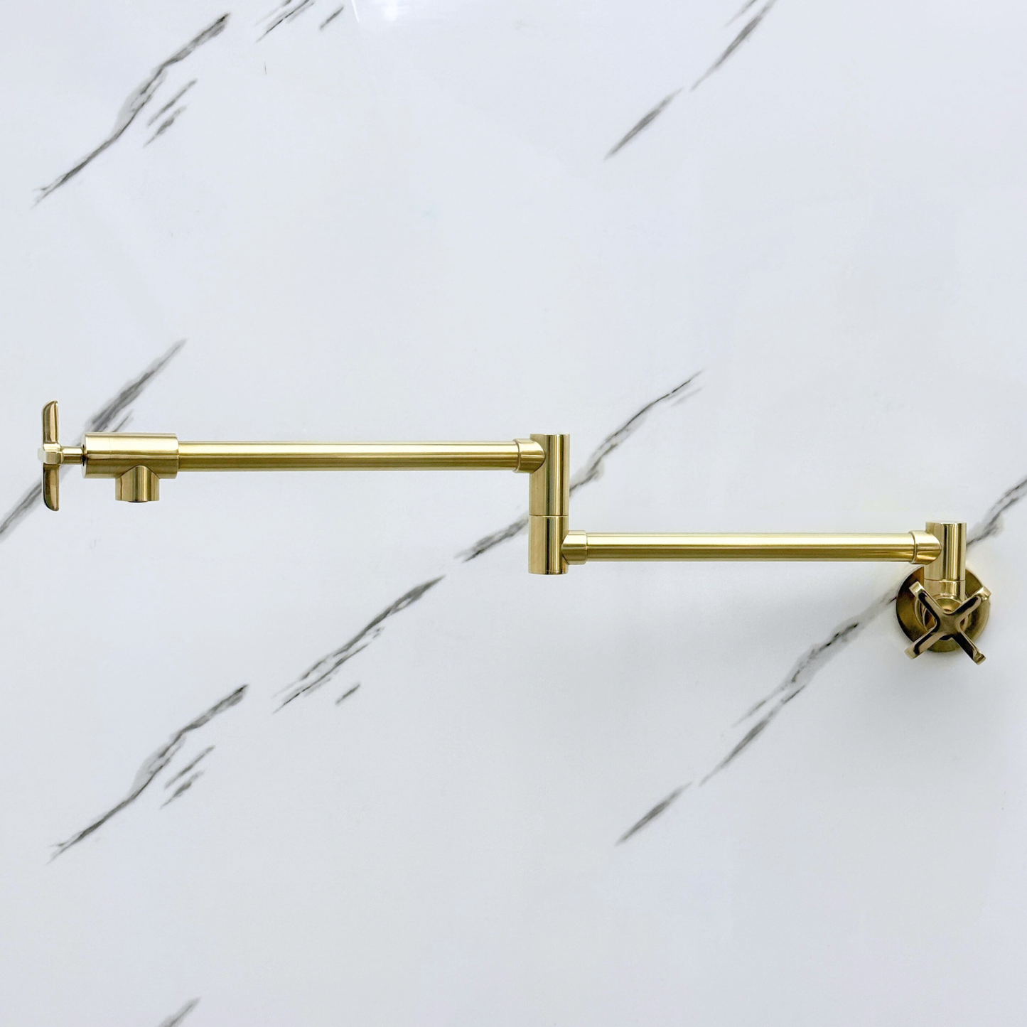 Unlacquered Brass Pot Filler with Cross Handles, Wall Mount Double Joint Swing Arms Brass Pasta Faucet