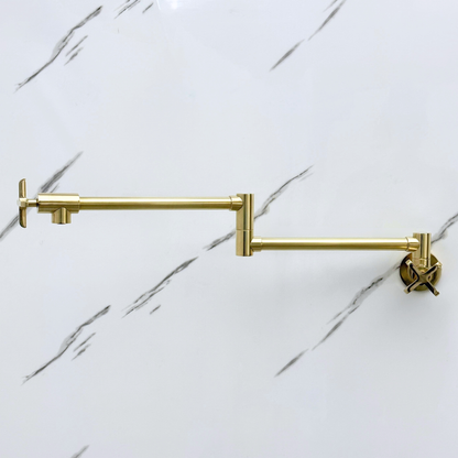 Unlacquered Brass Pot Filler with Cross Handles, Wall Mount Double Joint Swing Arms Brass Pasta Faucet