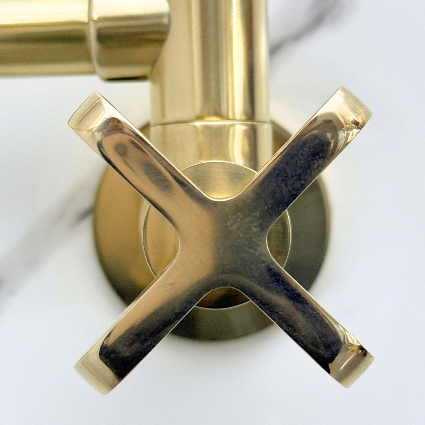 Unlacquered Brass Pot Filler with Cross Handles, Wall Mount Double Joint Swing Arms Brass Pasta Faucet