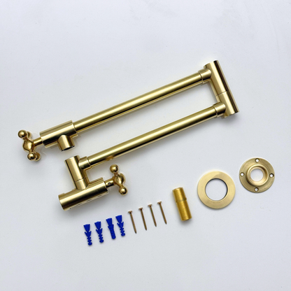 Unlacquered Brass Pot Filler with Cross Handles, Wall Mount Double Joint Swing Arms Brass Pasta Faucet