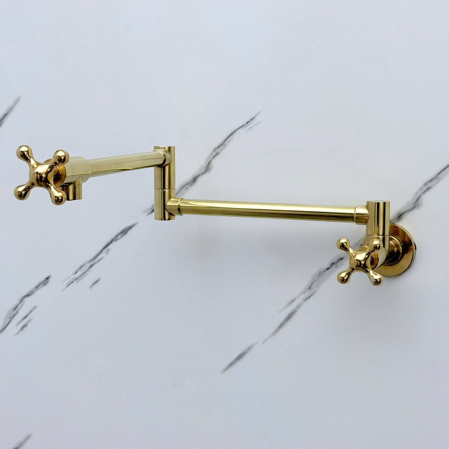 Unlacquered Brass Pot Filler with Cross Handles, Wall Mount Double Joint Swing Arms Brass Pasta Faucet