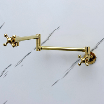 Unlacquered Brass Pot Filler with Cross Handles, Wall Mount Double Joint Swing Arms Brass Pasta Faucet