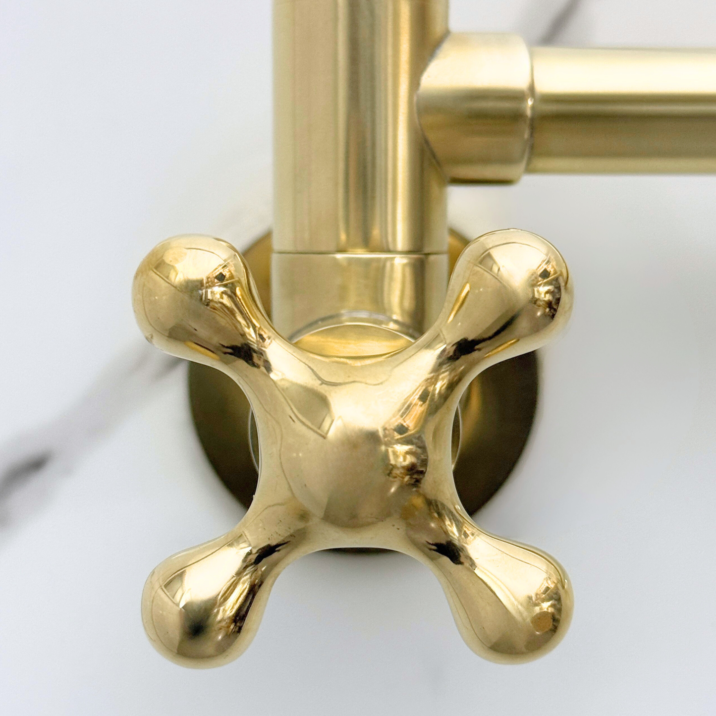 Unlacquered Brass Pot Filler with Cross Handles, Wall Mount Double Joint Swing Arms Brass Pasta Faucet