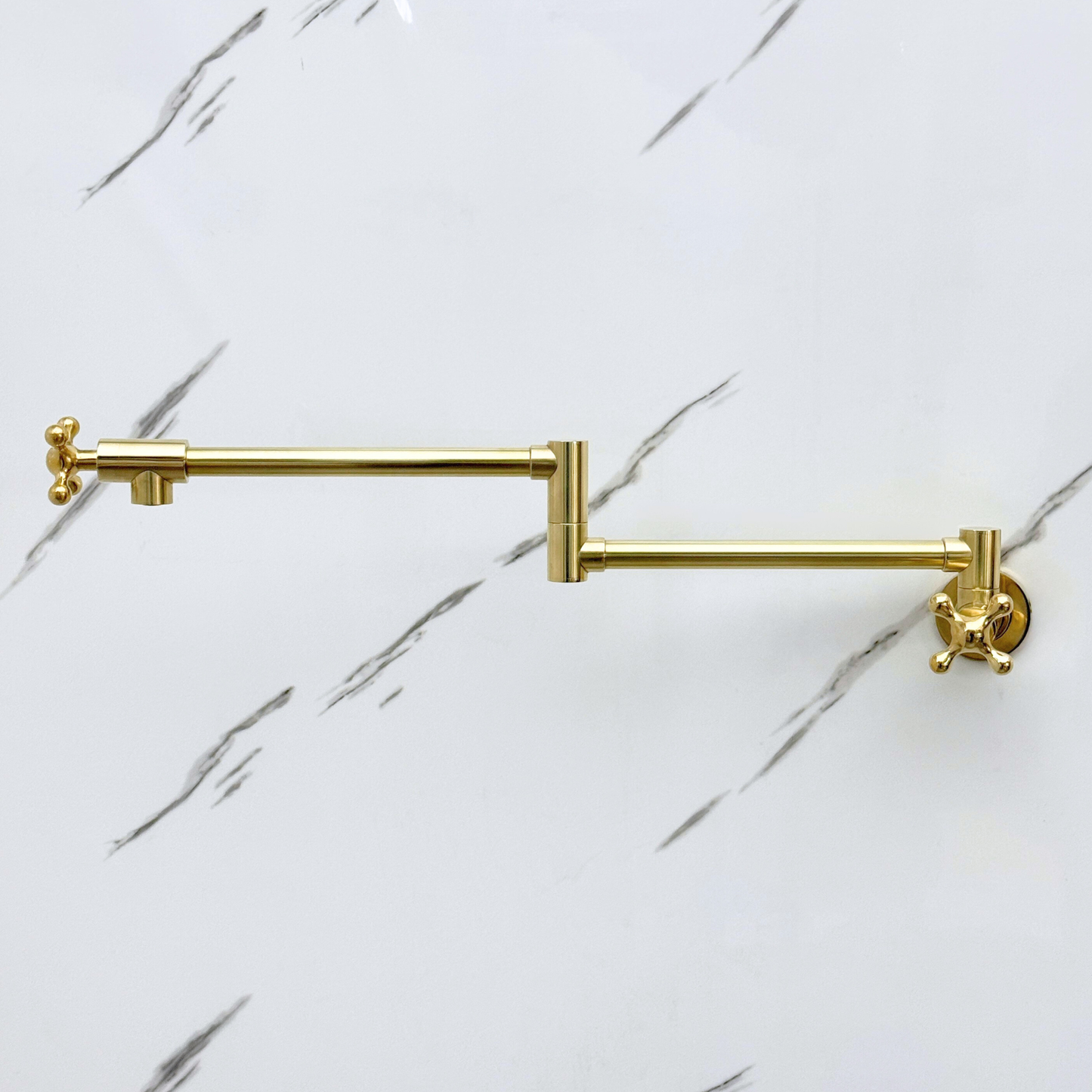 Unlacquered Brass Pot Filler with Cross Handles, Wall Mount Double Joint Swing Arms Brass Pasta Faucet