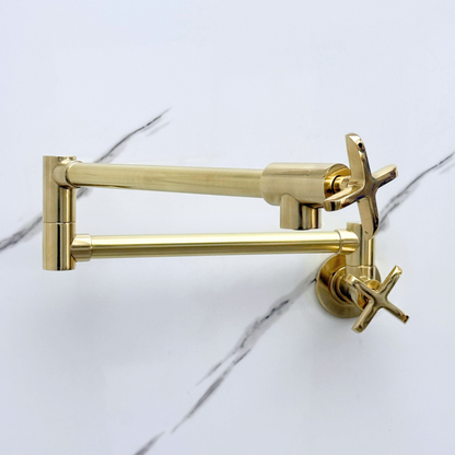 Unlacquered Brass Pot Filler with Cross Handles, Wall Mount Double Joint Swing Arms Brass Pasta Faucet
