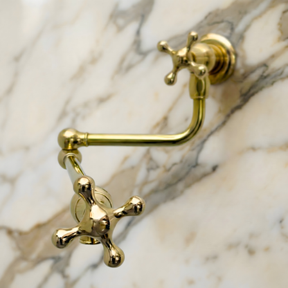Unlacquered Brass Pot Filler with Cross Handles, Wall Mount Solid Brass Pasta Faucet