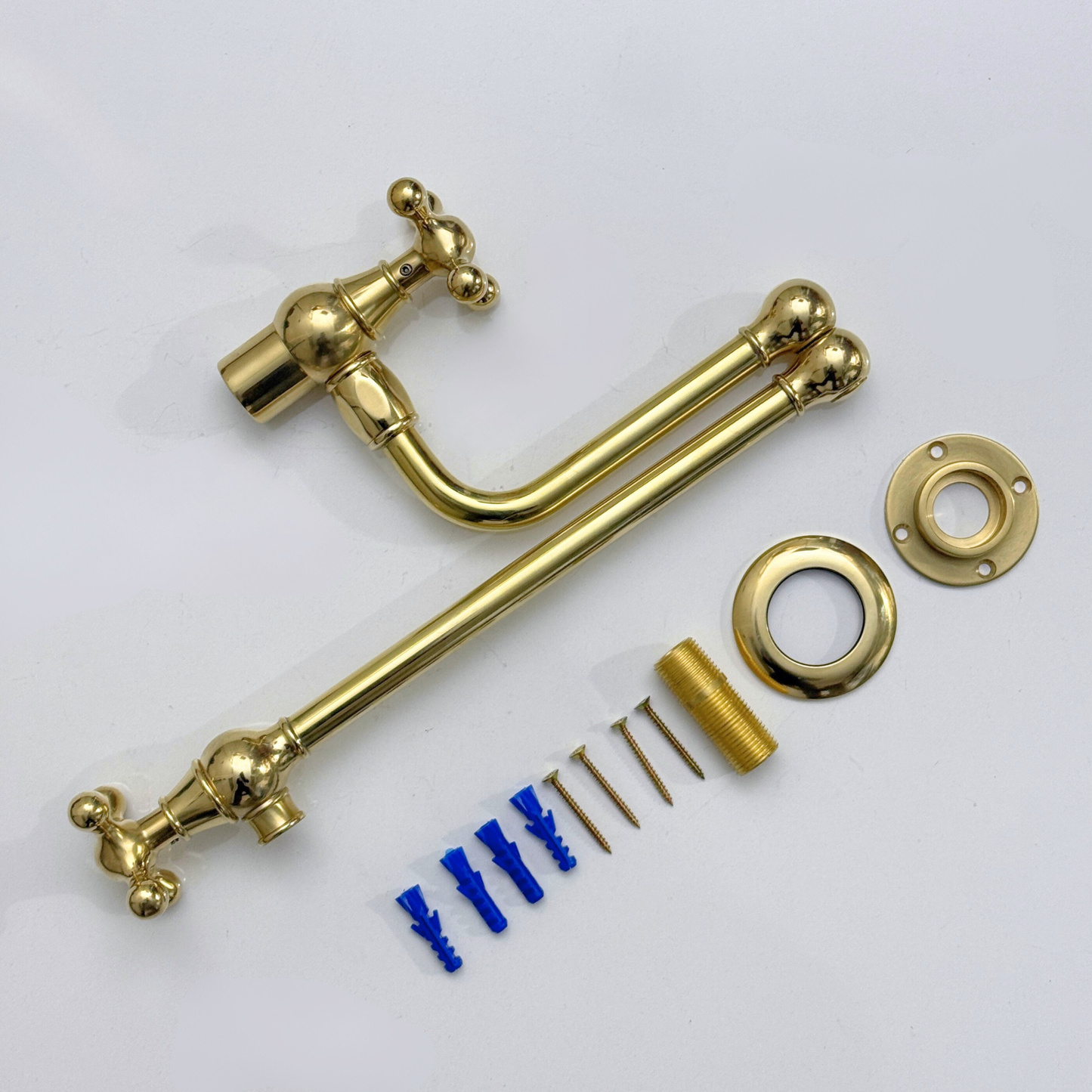 Unlacquered Brass Pot Filler with Cross Handles, Wall Mount Solid Brass Pasta Faucet