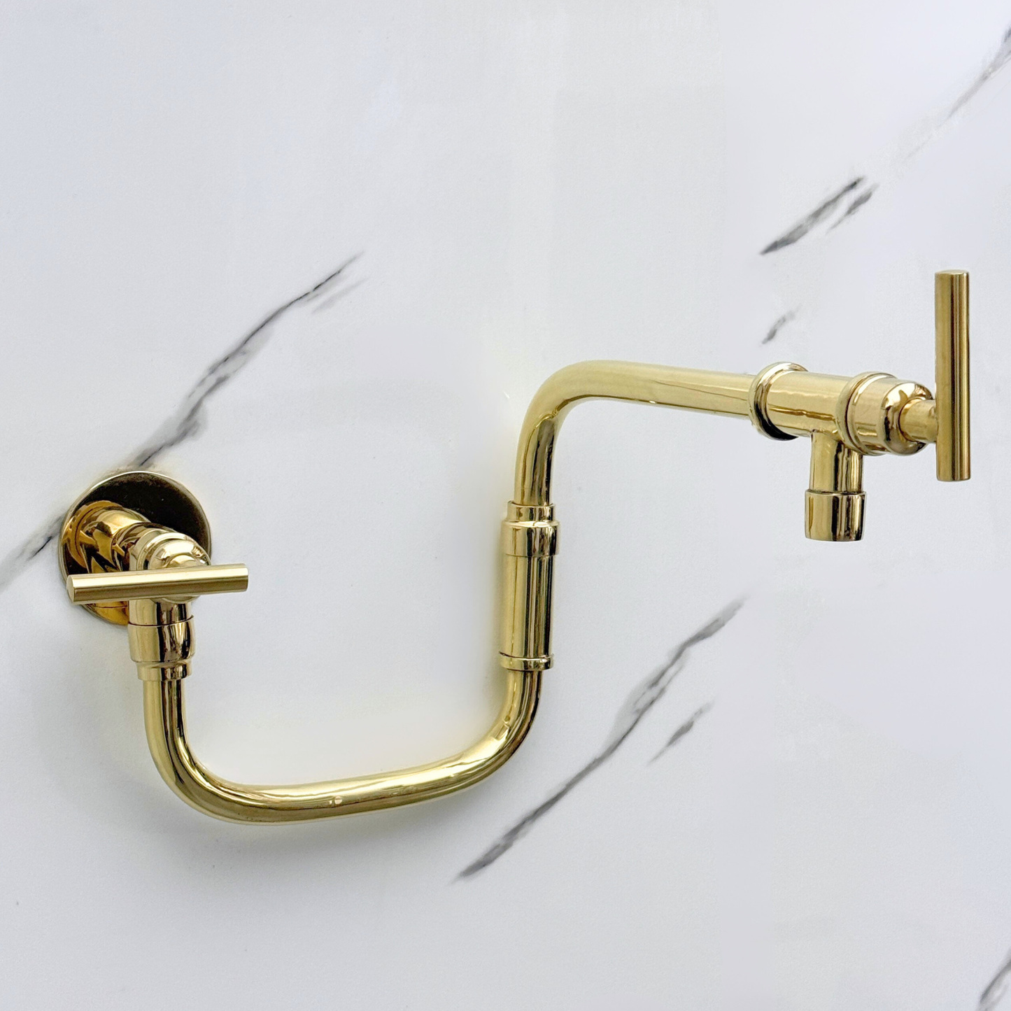 Unlacquered Brass Pot Filler with Lever Handles, Solid Brass Wall Mount Double Joint Swing Arms Pasta Faucet