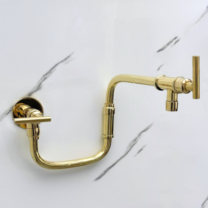 Unlacquered Brass Pot Filler with Lever Handles, Solid Brass Wall Mount Double Joint Swing Arms Pasta Faucet