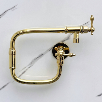 Unlacquered Brass Pot Filler with Lever Handles, Solid Brass Wall Mount Double Joint Swing Arms Pasta Faucet