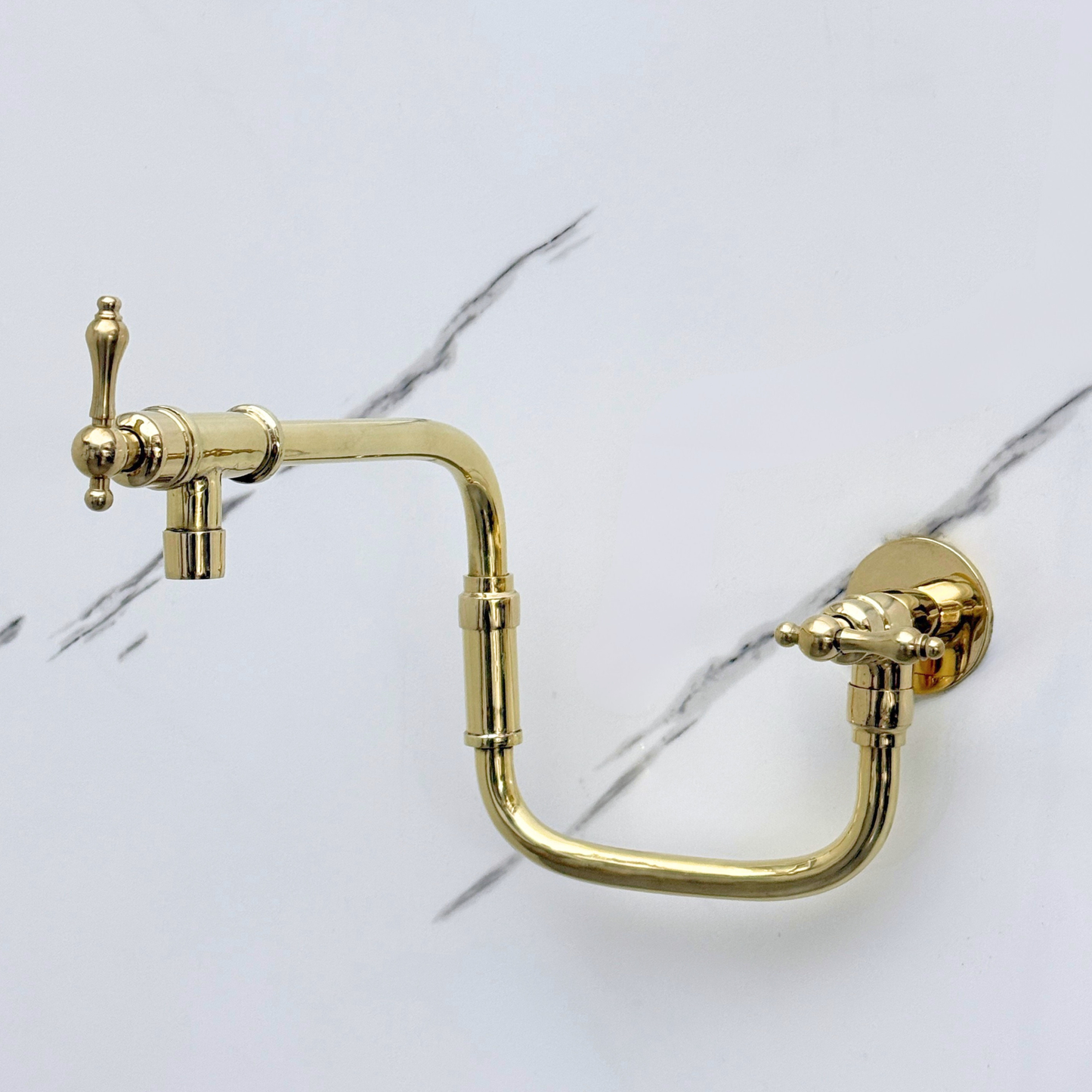 Unlacquered Brass Pot Filler with Lever Handles, Solid Brass Wall Mount Double Joint Swing Arms Pasta Faucet